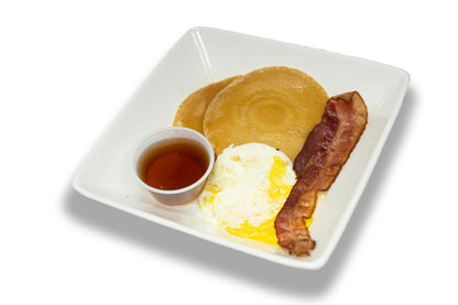 Buttermilk pancakes, eggs & bacon